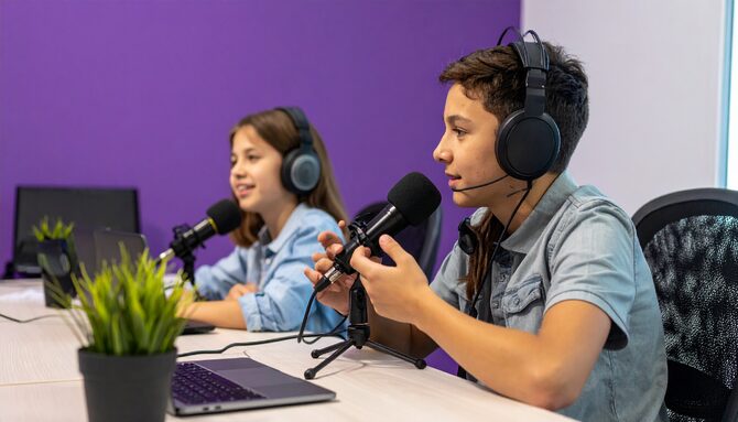Firefly génère une image d'élèves de 11 ans en train de parler à des micros dans un studio radio 976.jpg